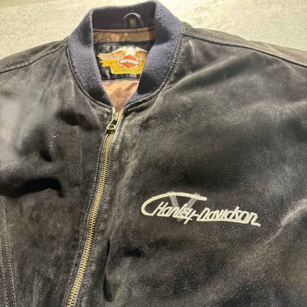 Harley-Davidson Suede Bomber Jacket V-Twin Power Patch Black XXL Vintage - Picture 8 of 16
